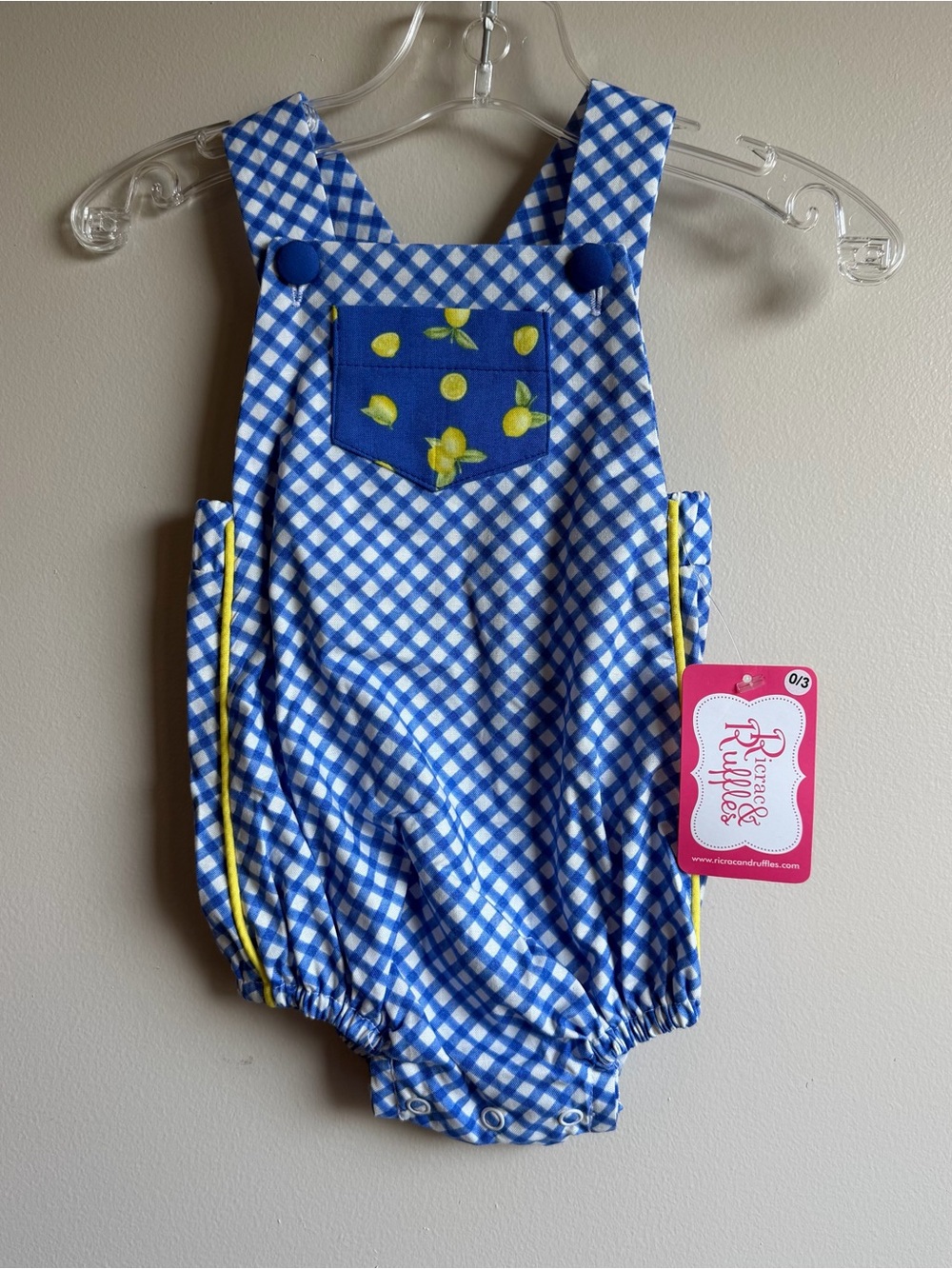 Ruffle Butts Blue Gingham Lemon Pocket Summer Southern 0-3M Romper NWT